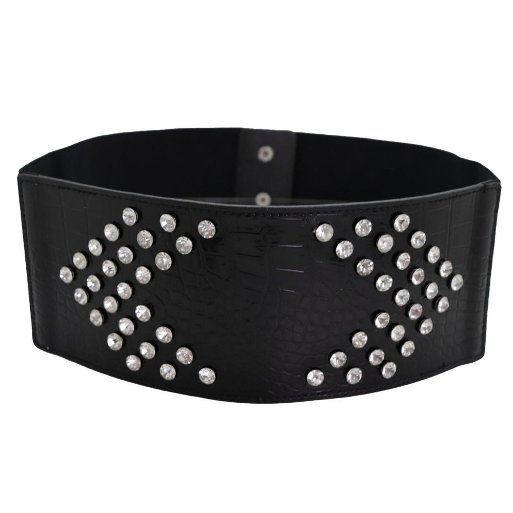 Women Wide Faux Leather Black Elastic Waistband Belt Hip Waist Silver Arrows S M